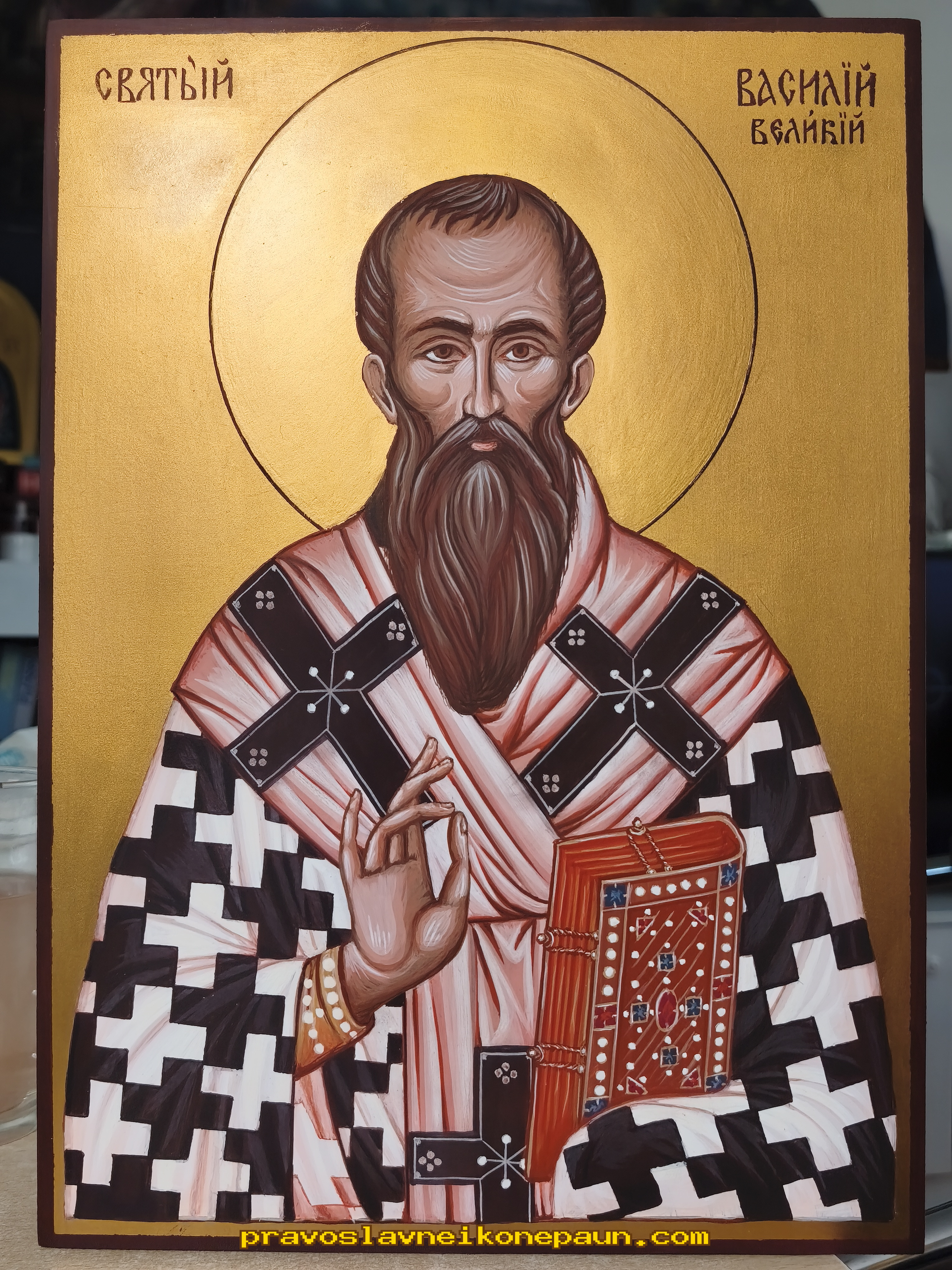 Ikona sv. Vasilije Veliki — ručno slikana, Paun, Niš